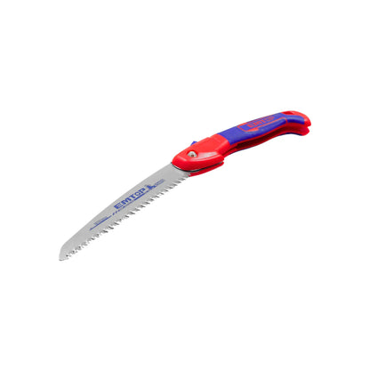 Serrucho de poda plegable EMTOP 180mm con mango ergonómico rojo y azul para cortes rápidos en jardín