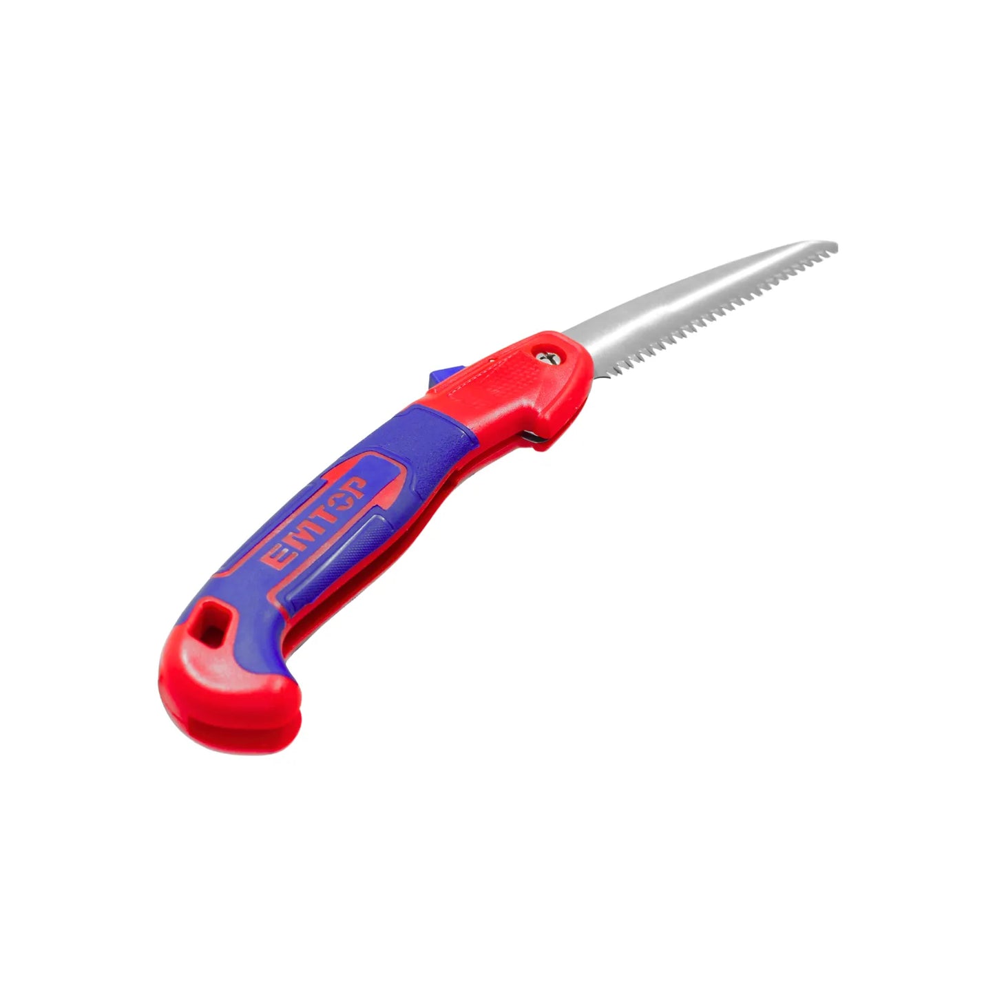 Serrucho plegable de poda EMTOP con mango ergonómico rojo y azul y hoja de acero dentada para jardinería