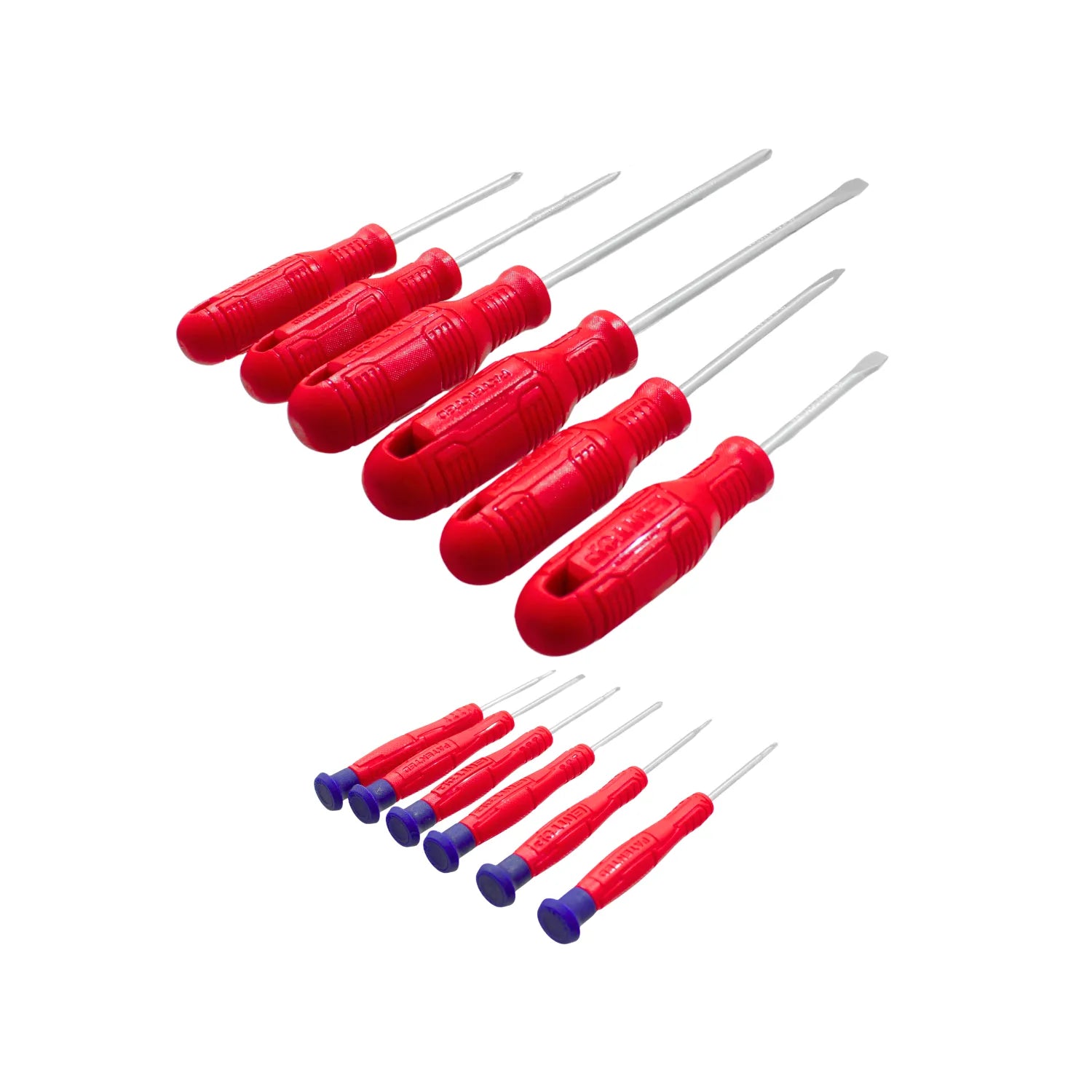 Set de 12 destornilladores rojos con mangos ergonómicos y kit de precisión para trabajos mecánicos y electrónica