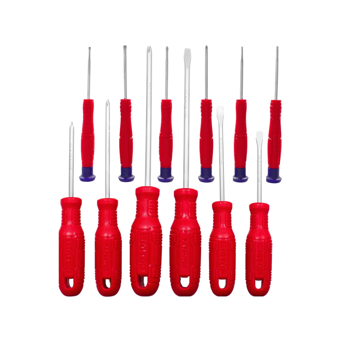 Juego de 14 destornilladores de precisión y estándar puntas Phillips y planas con mangos ergonómicos rojo y azul