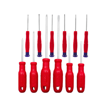 Juego de 14 destornilladores de precisión y estándar puntas Phillips y planas con mangos ergonómicos rojo y azul