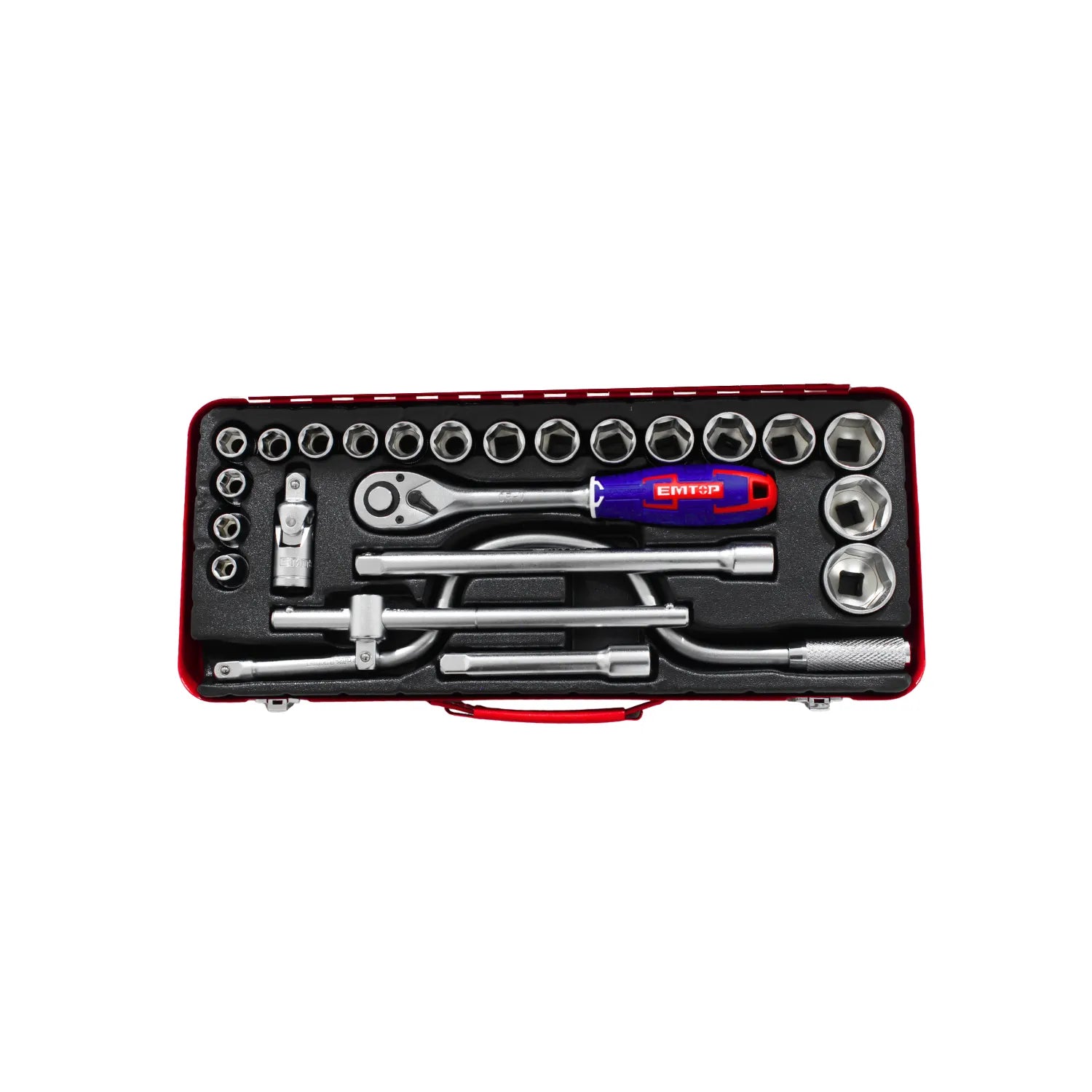 Juego de copas y rachet EMTOP profesional en estuche rojo con extensiones para mecánica automotriz