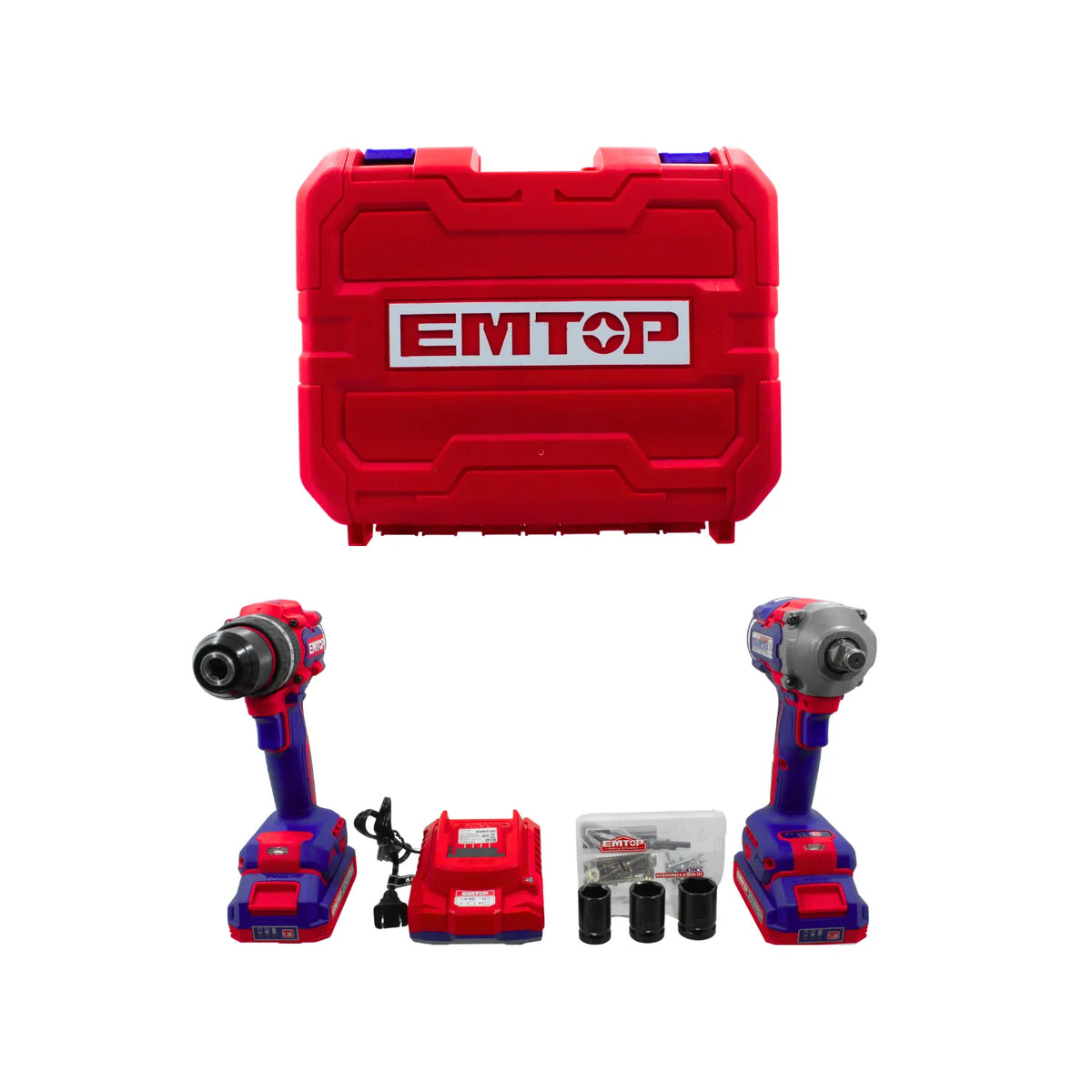 Combo EMTOP taladro y llave de impacto inalámbrica con maletín rígido rojo, baterías y accesorios.