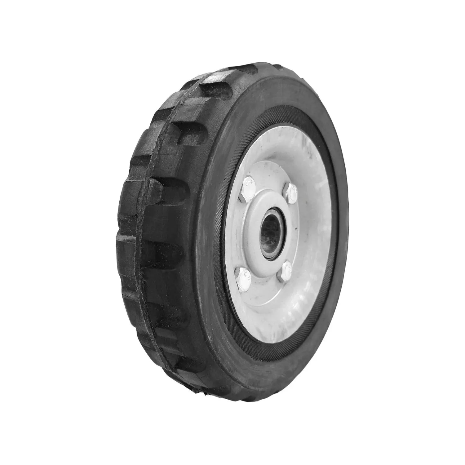Rueda para diablo negra de goma con banda de rodadura robusta y centro metálico, ideal para carga.