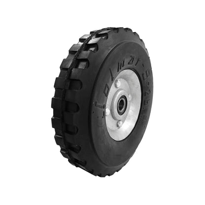 Rueda de hule sólido Jolmar negra 9" con 2 baleros para diablo, resistente a ponchaduras.