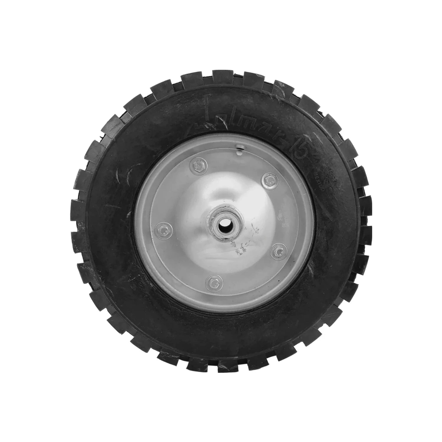 Llanta maciza negra Jolmar 15 pulgadas para carretilla, con rin metálico plateado y banda de rodadura profunda.