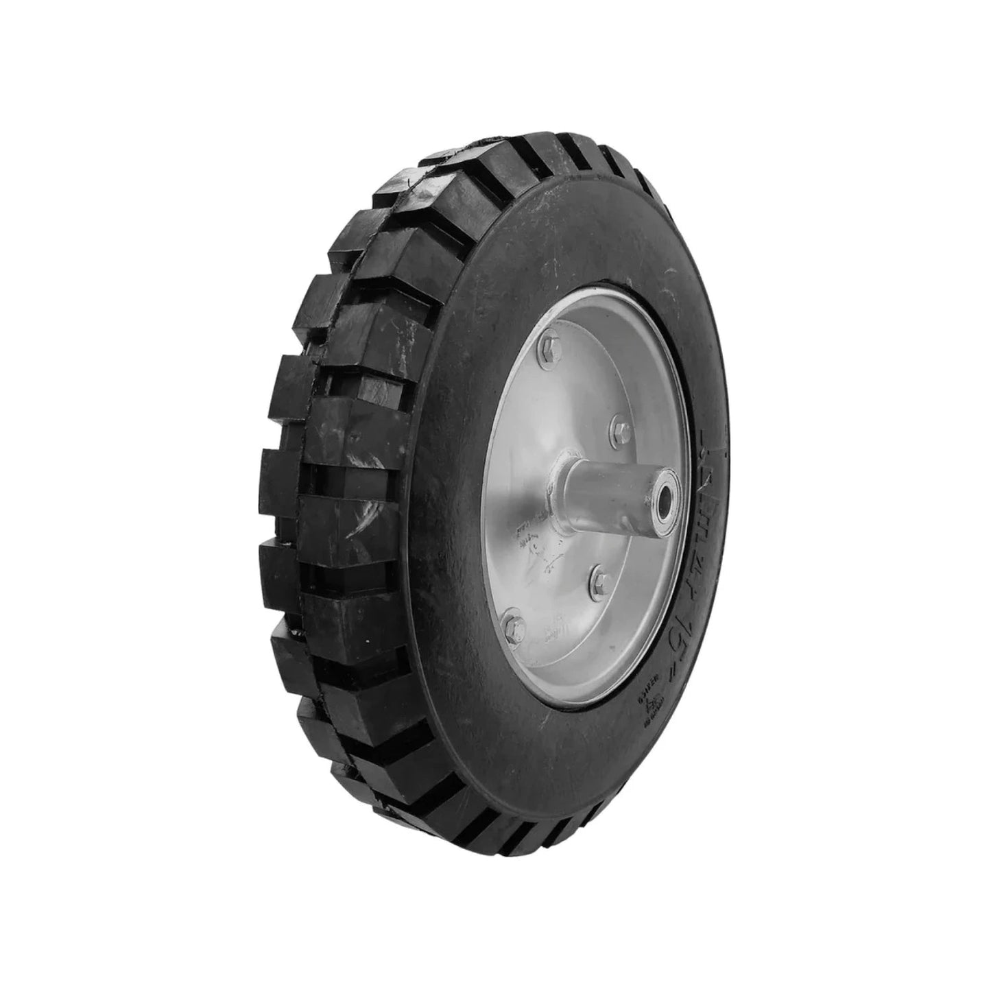 Rueda maciza negra para carretilla de 15 pulgadas, neumático con tacos y eje metálico.