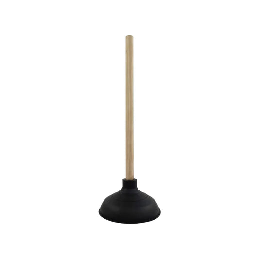 Bomba para baño desatascador de hule negro con mango de madera, ideal para WC y tuberías.