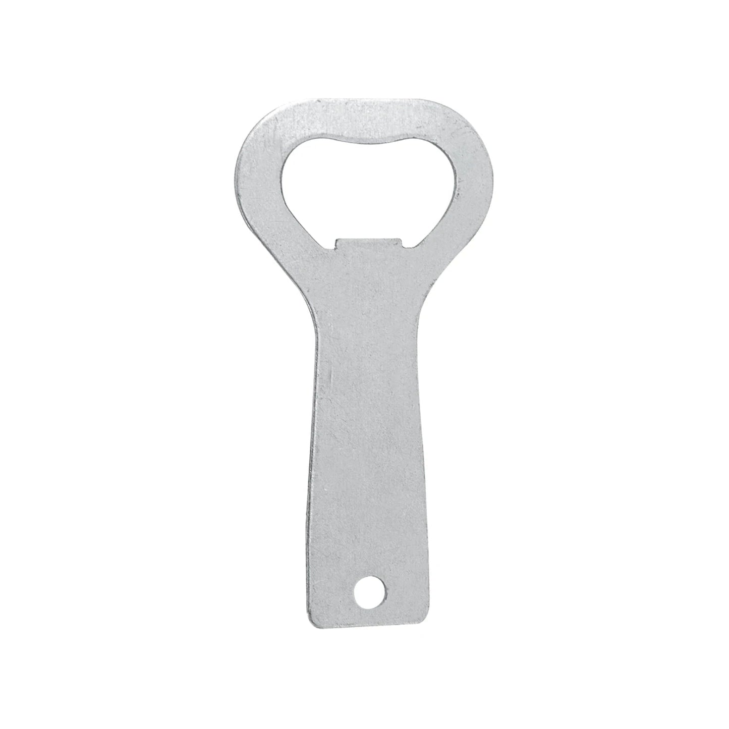 Destapador plano de metal galvanizado color plata con orificio para llavero