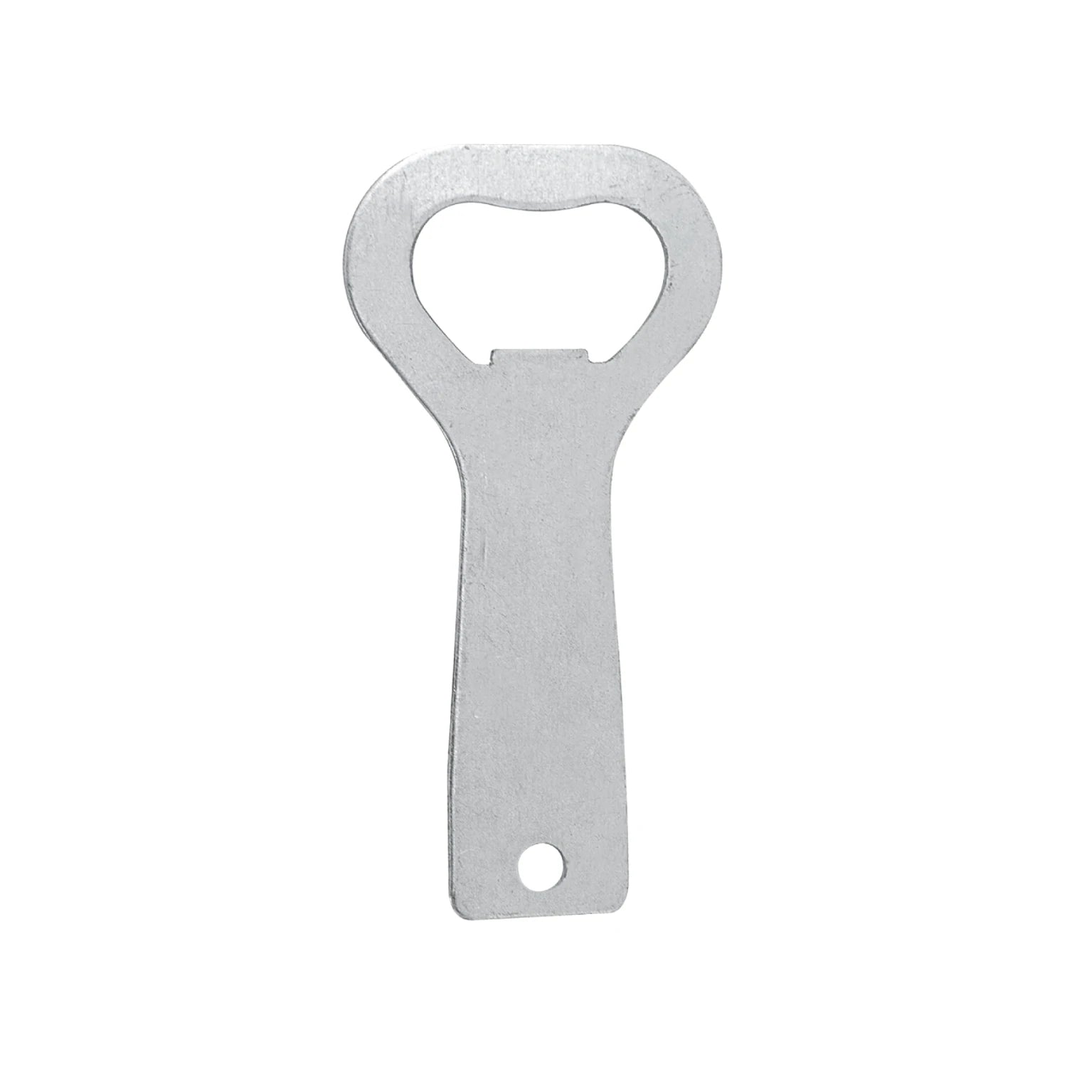 Destapador plano de metal galvanizado color plata con orificio para llavero