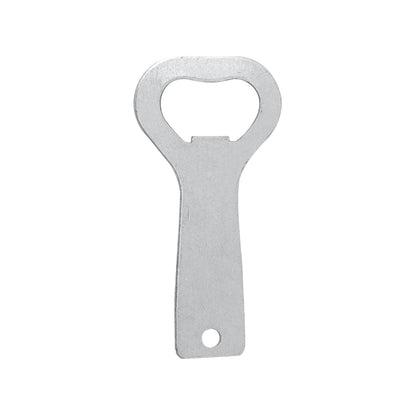 Destapador plano de metal galvanizado color plata con orificio para llavero