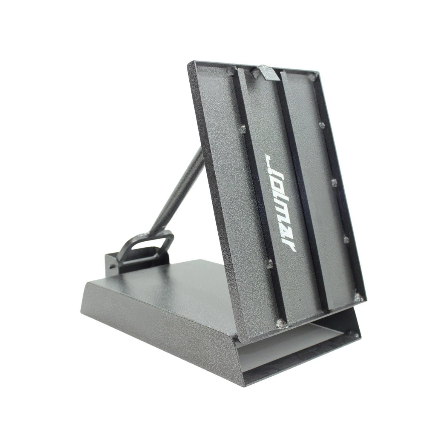 Soporte metálico Jolmar negro texturizado con base rectangular y panel inclinado con ranuras, construcción robusta.
