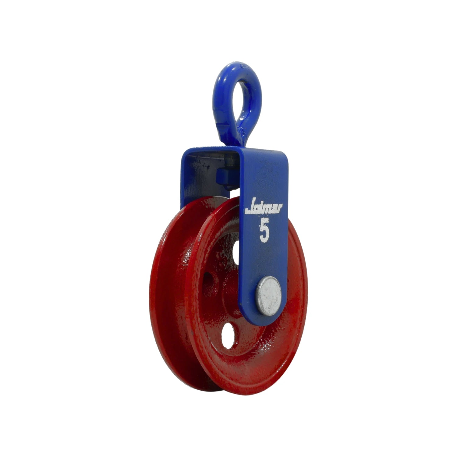 Garrucha Jolmar #5 con roldana roja y armazón azul para noria y elevación de cargas