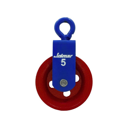 Garrucha simple Jolmar #5 con roldana roja y armazón azul para noria y elevación