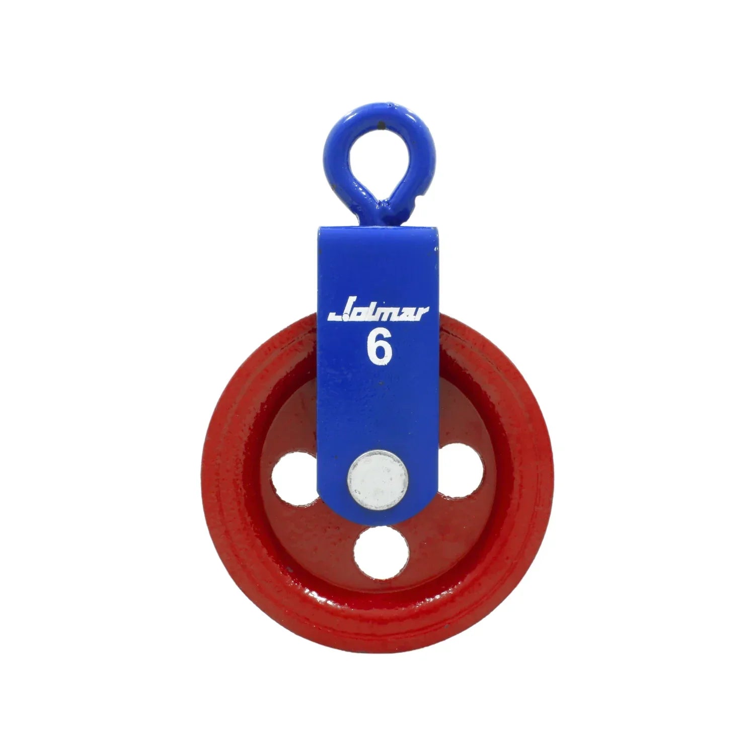 Garrucha sencilla Jolmar #6, polea roja y armazón azul, para levantamiento de cargas