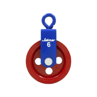 Garrucha sencilla Jolmar #6, polea roja y armazón azul, para levantamiento de cargas