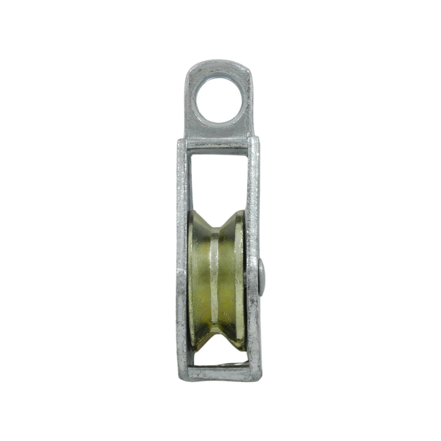 Garrucha sencilla de metal plateado con polea amarilla para tendedero, gancho superior