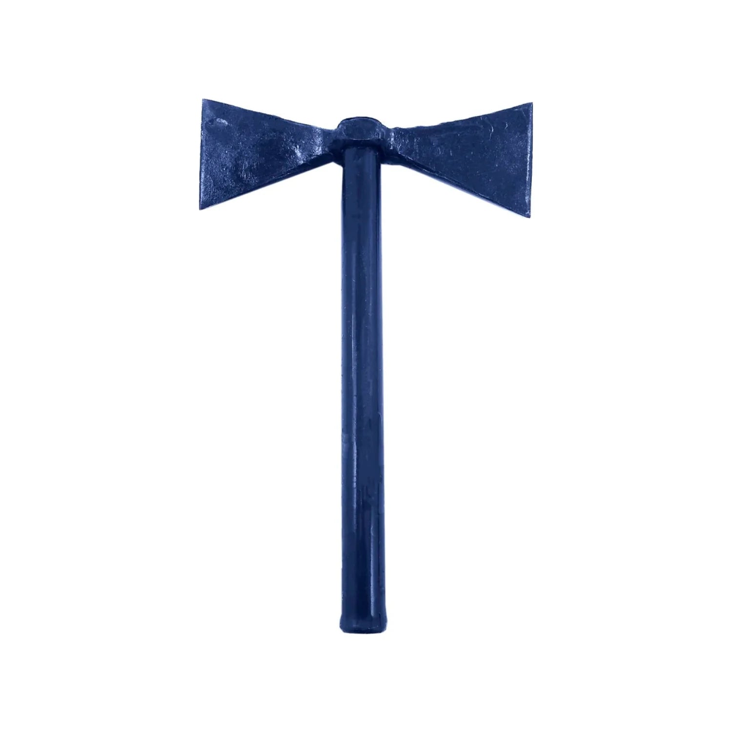 Hacha doble filo azul oscuro, herramienta robusta para tala, corte y división de madera.