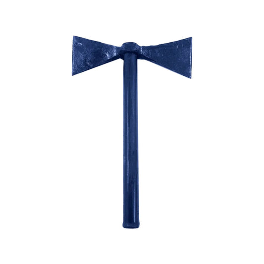Hacha doble filo azul oscuro, herramienta robusta para tala, corte y división de madera.