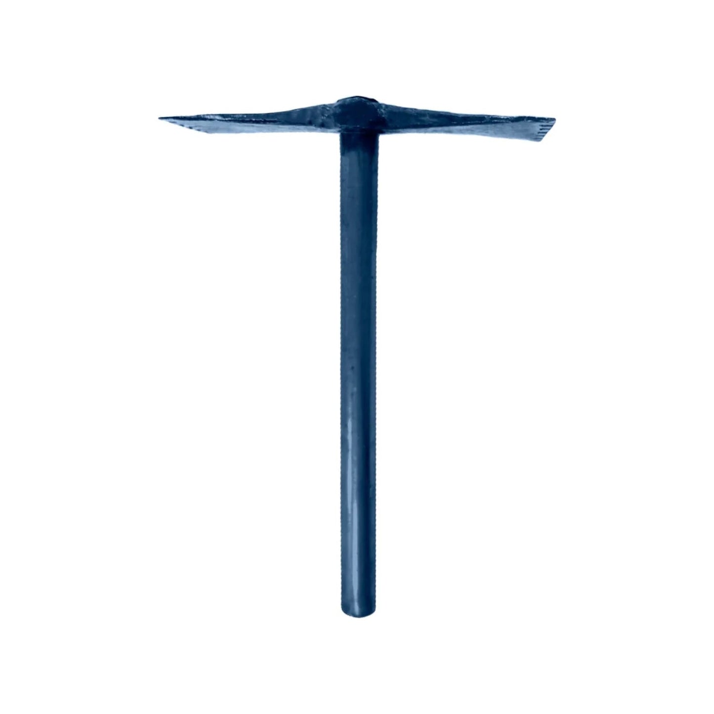 Picoleta de metal con punta afilada y extremo plano, mango largo azul oscuro para excavación.