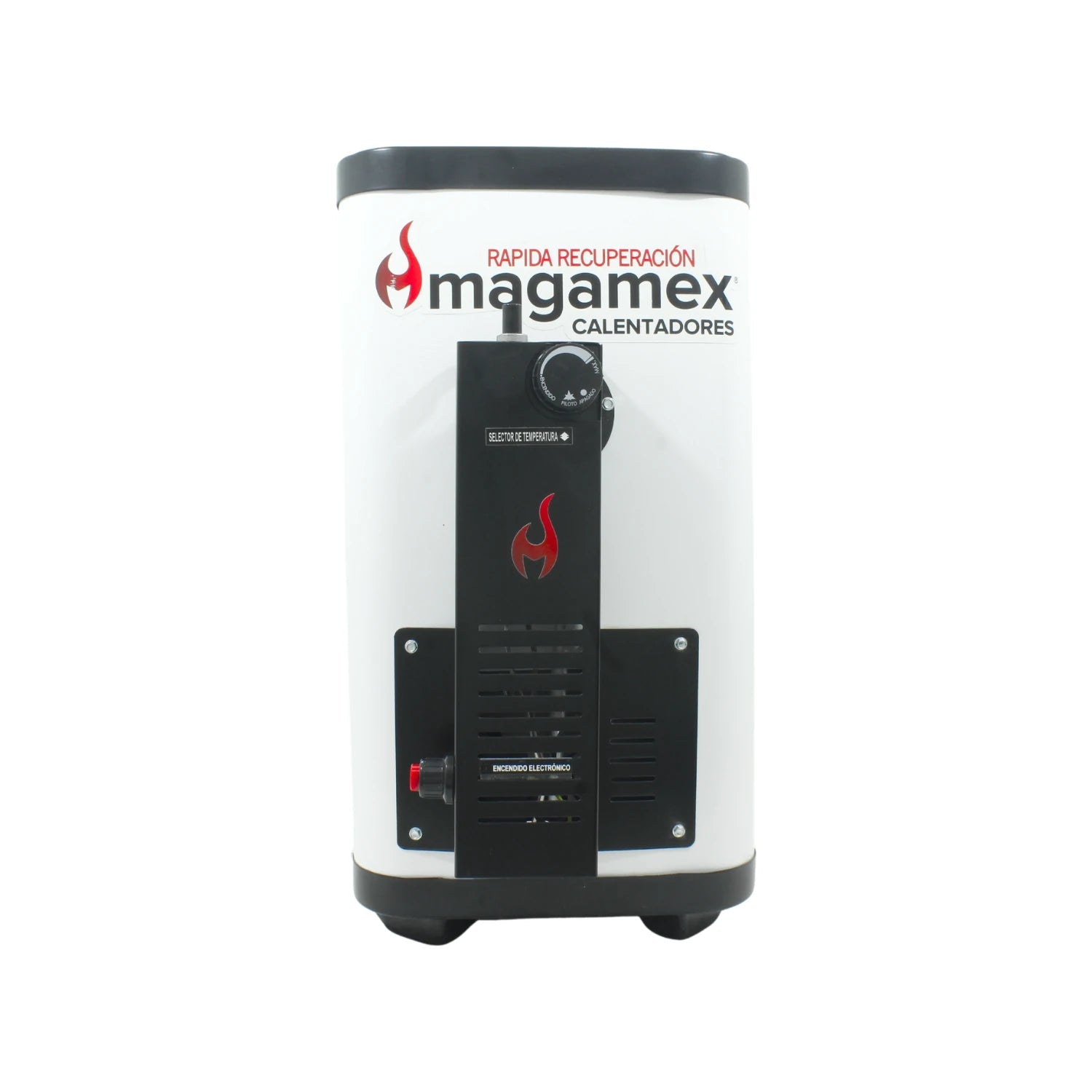 Boiler calentador de agua Magamex blanco rápido electrónico. Compacto con selector de temperatura y encendido.