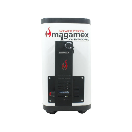 Boiler calentador de agua Magamex blanco rápido electrónico. Compacto con selector de temperatura y encendido.