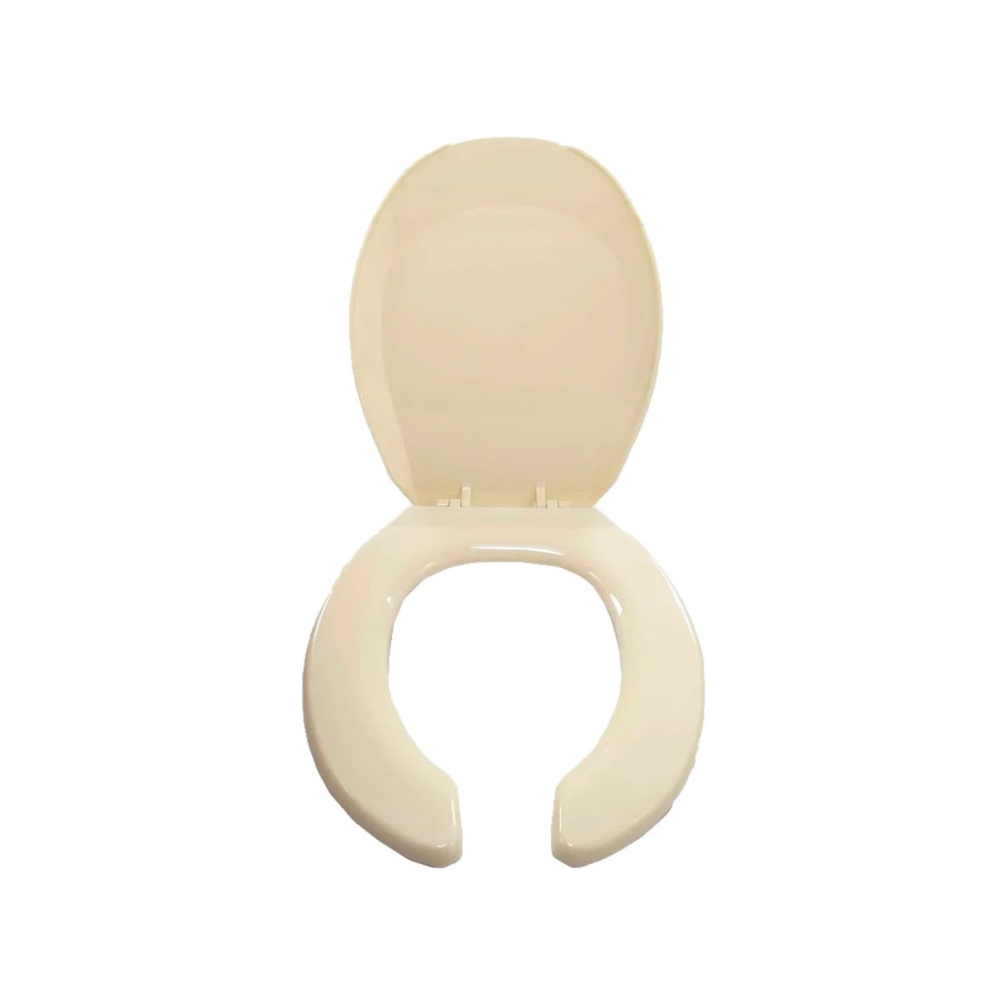 Asiento de inodoro abierto al frente color hueso con tapa levantada, ideal para baños residenciales o comerciales