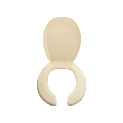 Asiento de inodoro abierto al frente color hueso con tapa levantada, ideal para baños residenciales o comerciales