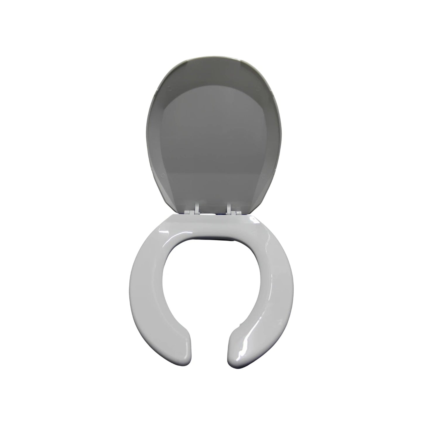 Asiento de in inodoro blanco con tapa gris abierta para baño