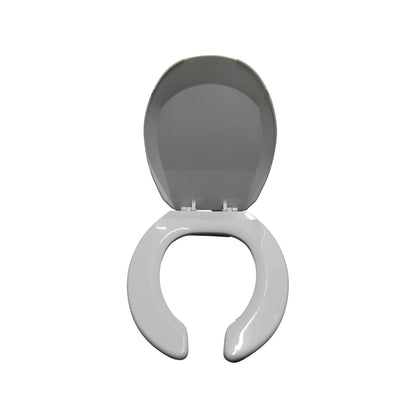 Asiento de in inodoro blanco con tapa gris abierta para baño