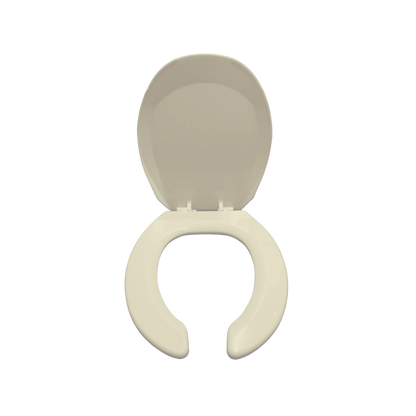 Asiento para baño tipo herradura color marfil, de plástico resistente para uso comercial y público.