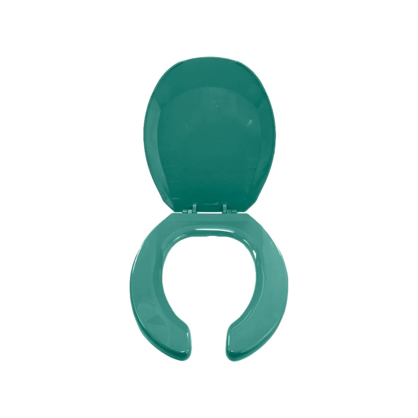 Asiento de inodoro verde nilo con tapa abierta, diseño ovalado de plástico.