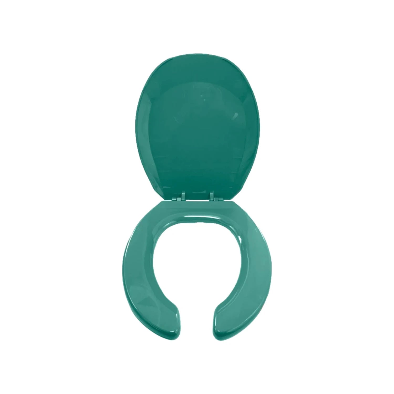 Asiento de inodoro verde nilo con tapa abierta, diseño ovalado de plástico.