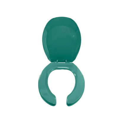 Asiento de inodoro verde nilo con tapa abierta, diseño ovalado de plástico.