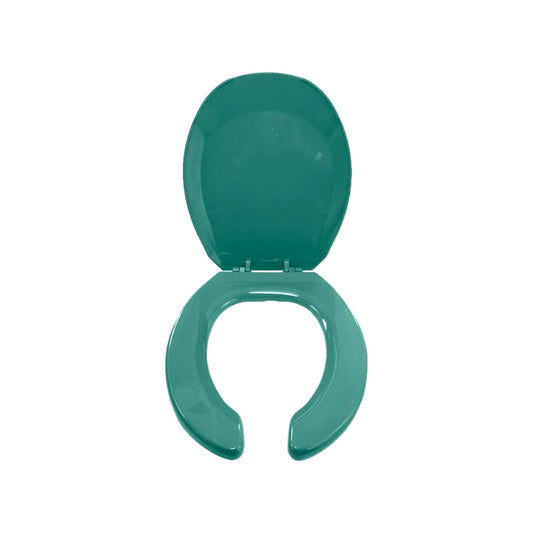 Asiento de inodoro verde nilo con tapa abierta, diseño ovalado de plástico.