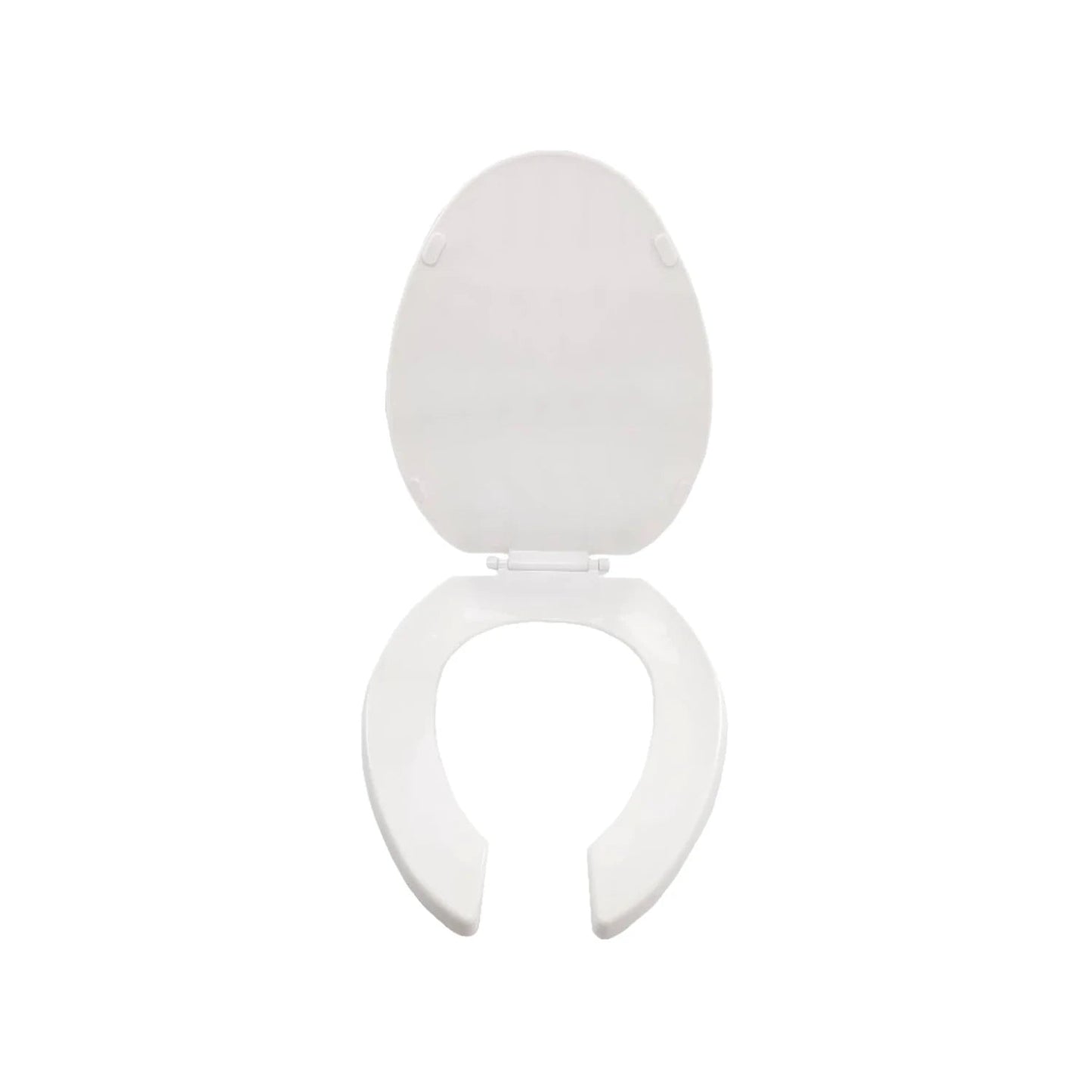 Asiento de inodoro blanco con tapa levantada, diseño de frente abierto tipo herradura para baño.
