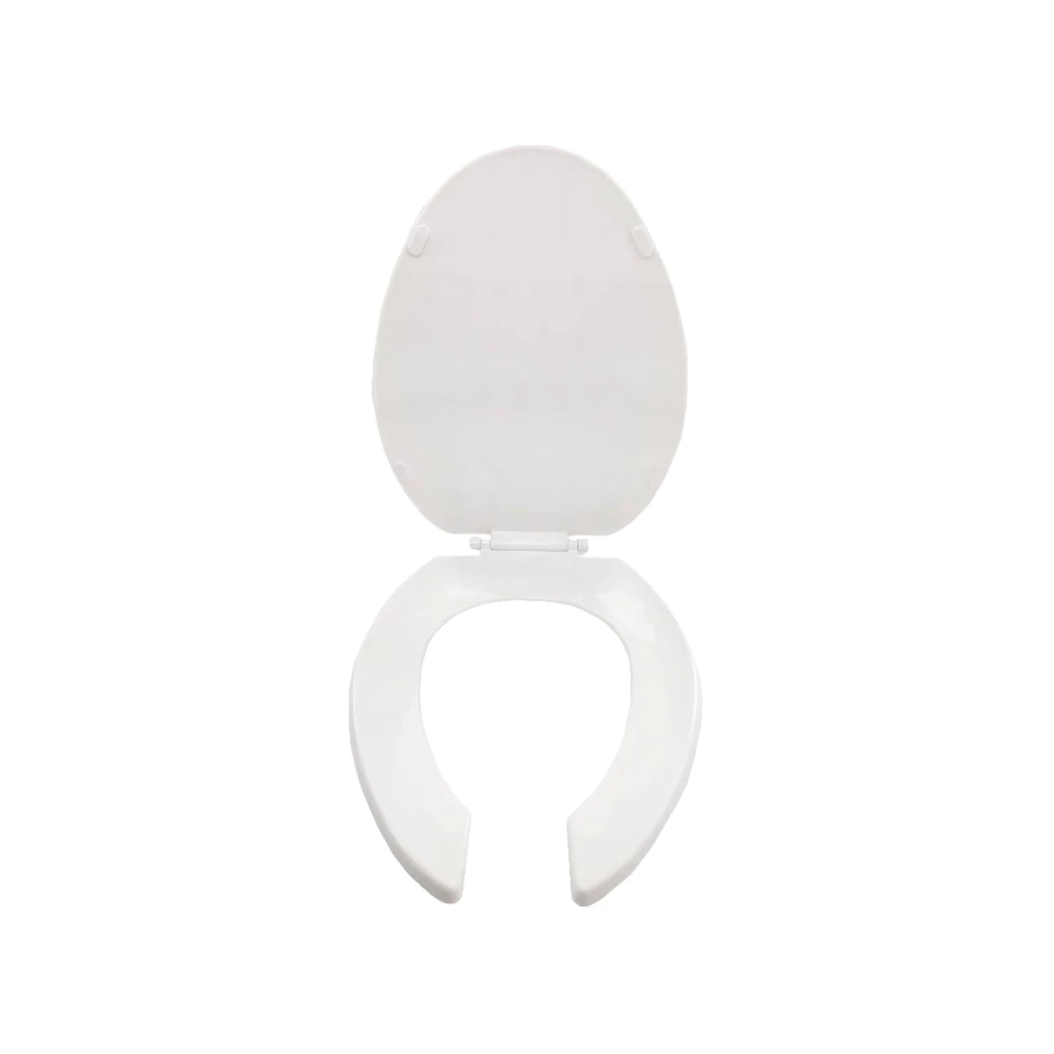 Asiento de inodoro blanco con tapa levantada, diseño de frente abierto tipo herradura para baño.