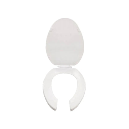Asiento de inodoro blanco con tapa levantada, diseño de frente abierto tipo herradura para baño.