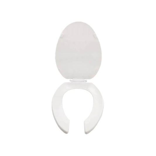 Asiento de inodoro blanco con tapa levantada, diseño de frente abierto tipo herradura para baño.