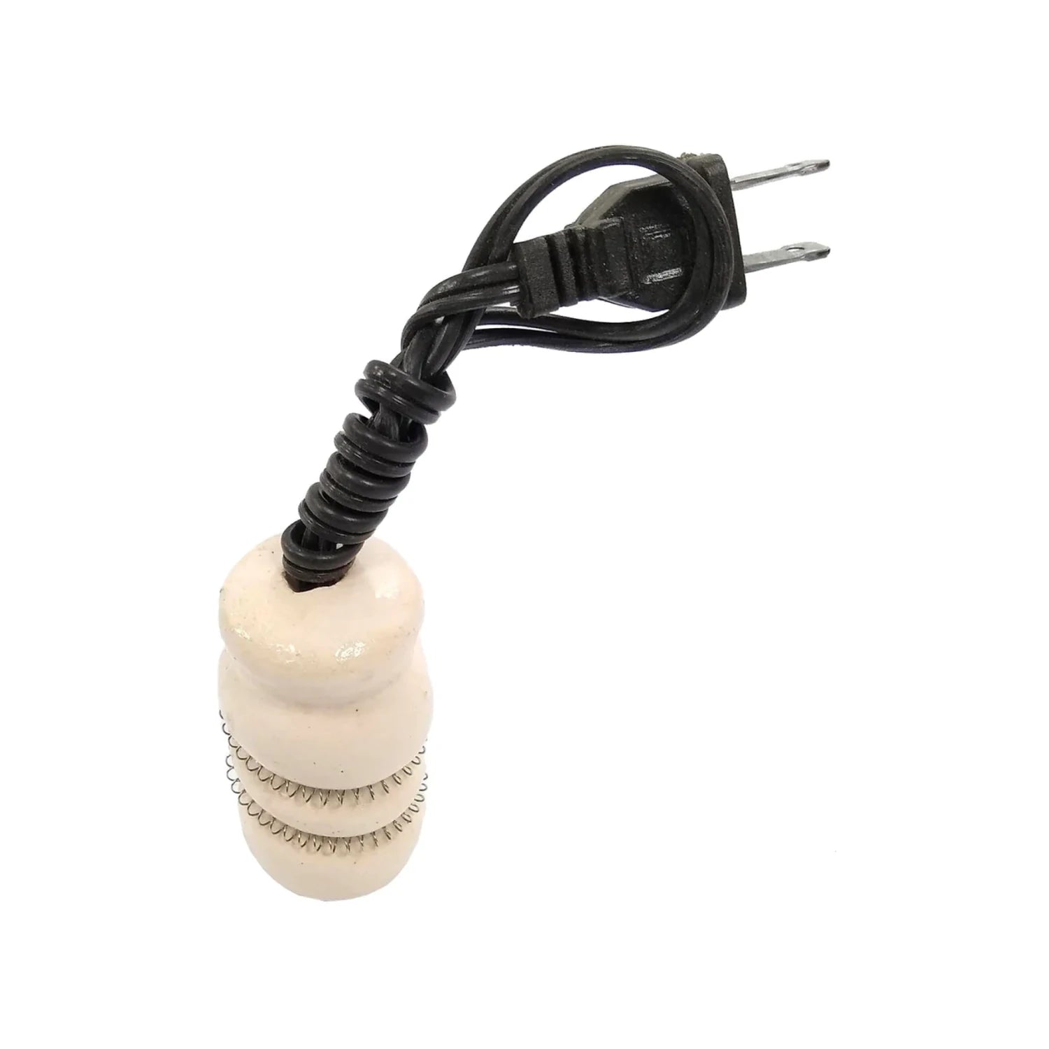 Calentador de inmersión eléctrico mini de porcelana beige, con resistencia visible y enchufe de dos patas plano