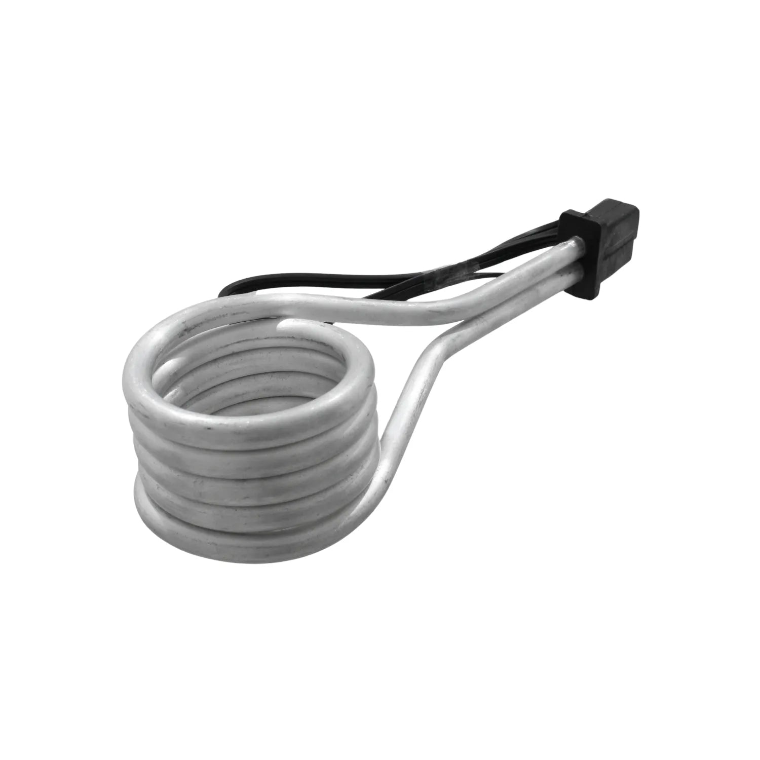 Calentador de agua por inmersión eléctrico tipo espiral, resistencia metálica gris con conector negro.