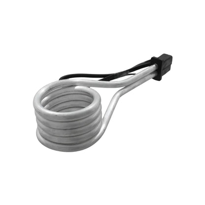 Calentador de agua por inmersión eléctrico tipo espiral, resistencia metálica gris con conector negro.