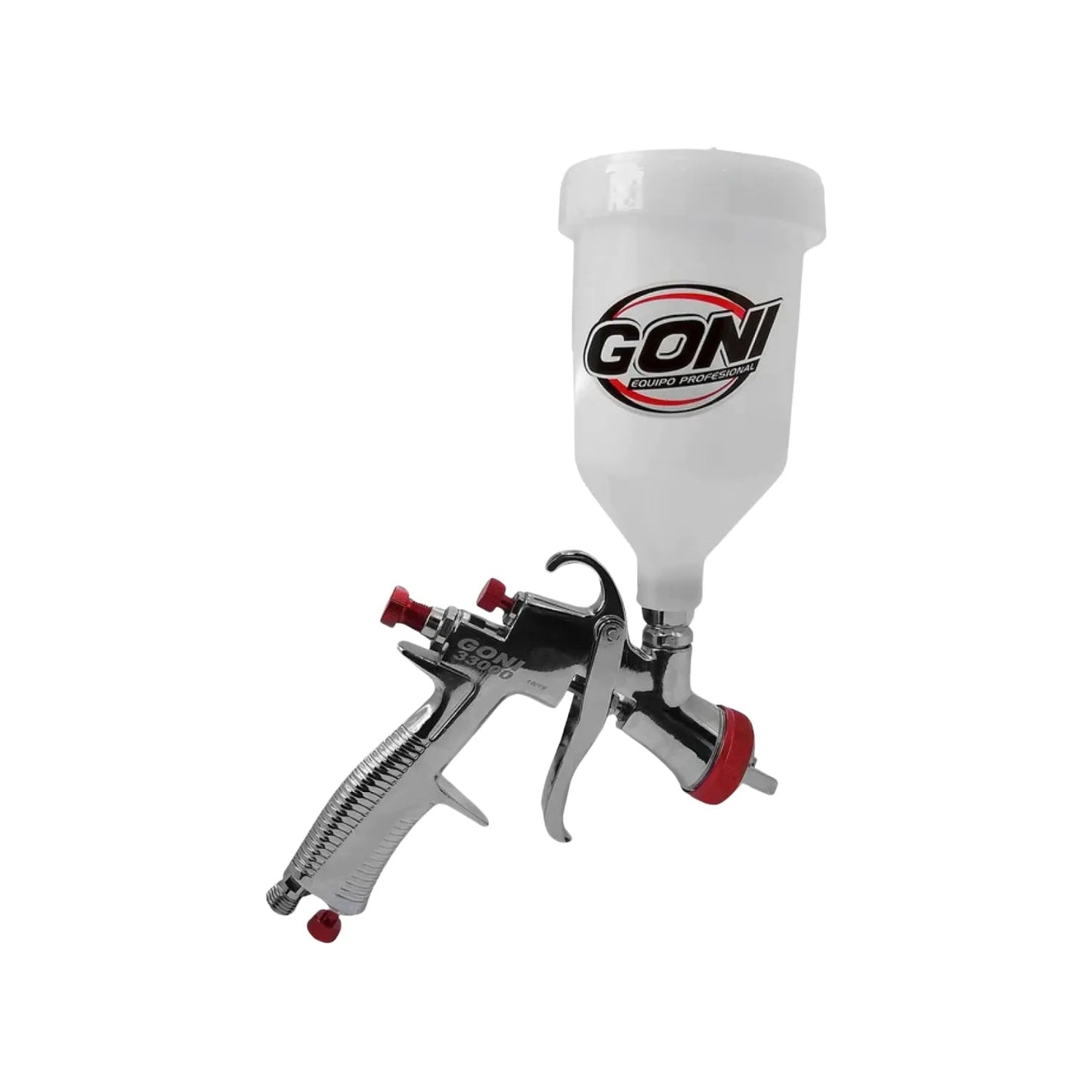 Pistola para pintar de gravedad Goni 33000 LVLP cromada con depósito blanco y perillas rojas