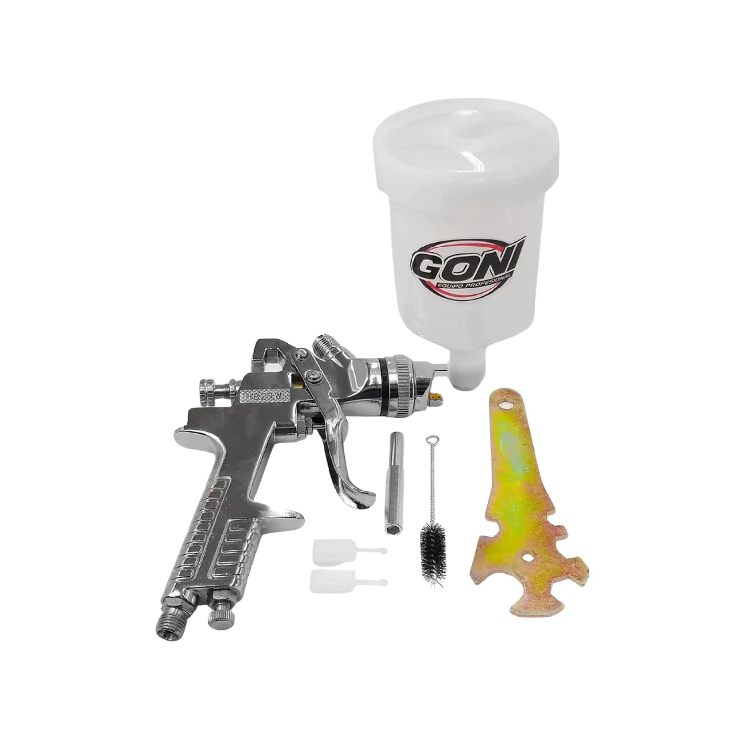 Pistola pulverizadora de gravedad Goni cromada, vaso blanco y kit de limpieza/ajuste profesional.