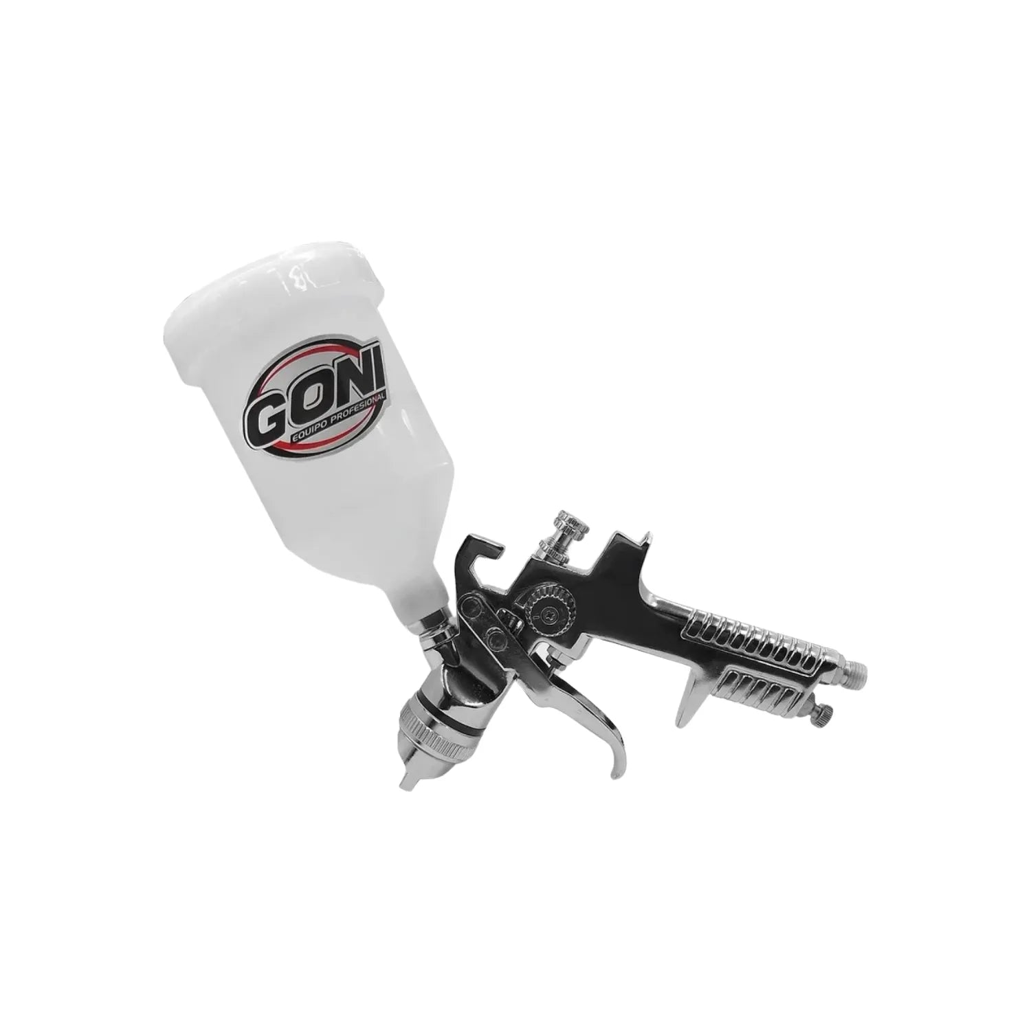 Pistola para pintar de gravedad GONI, herramienta profesional con vaso superior blanco.
