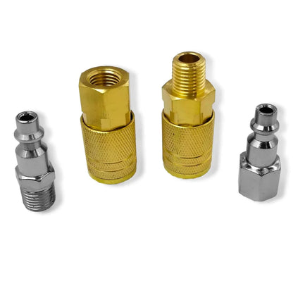 Juego de conectores rápidos neumáticos para aire comprimido: 2 acoples hembra de latón y 2 conectores macho cromados.