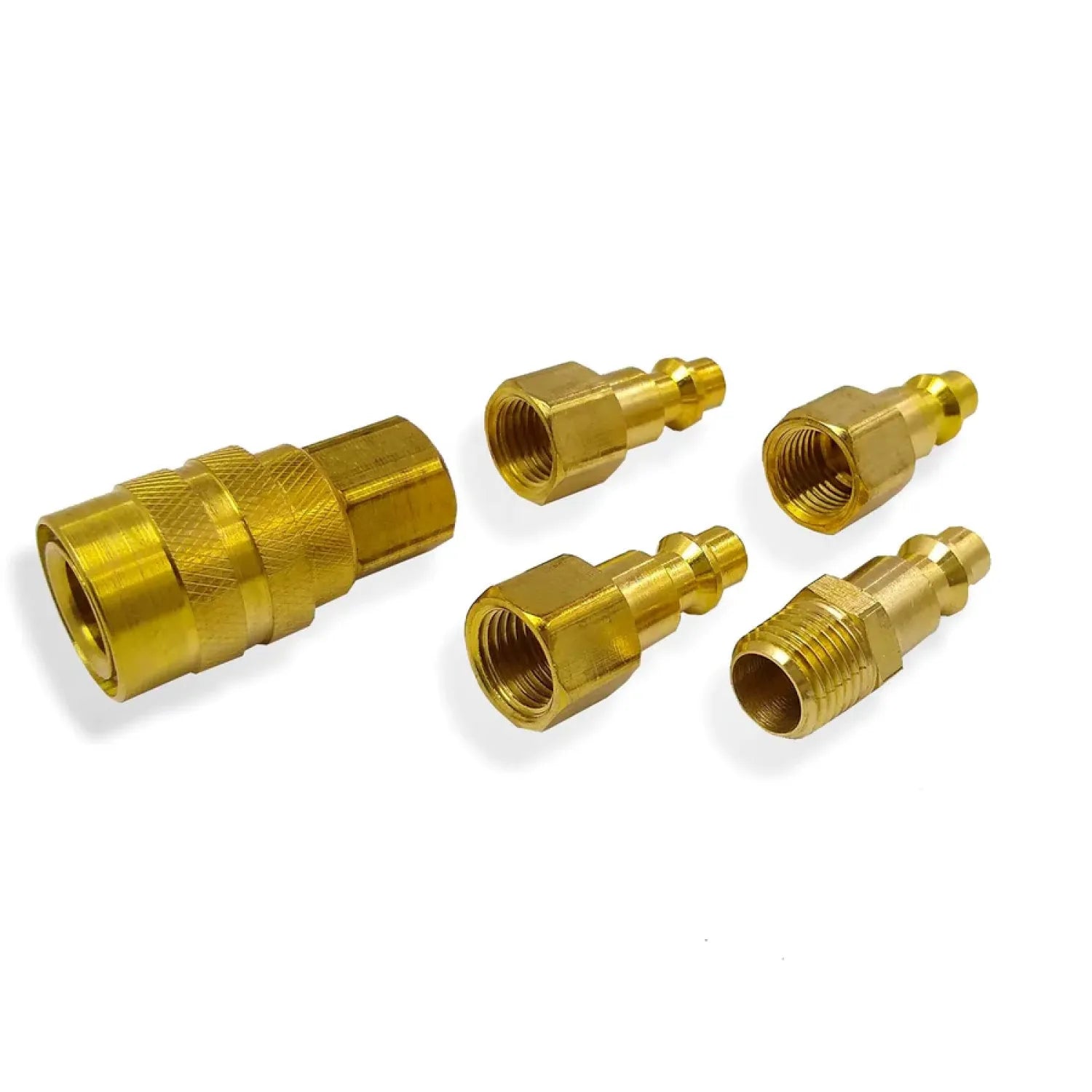 Juego de acoples rápidos de latón para compresor de aire. Incluye conector hembra y plugs machos surtidos de rosca y manguera.