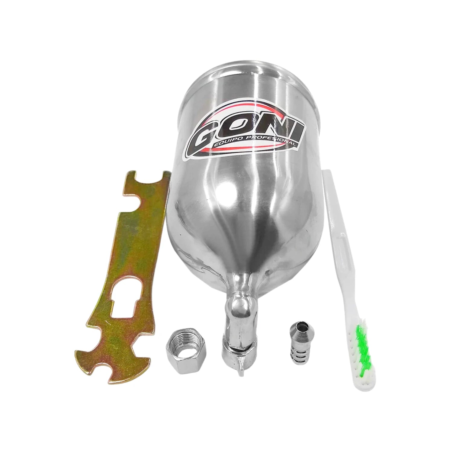 Pistola para pintar de gravedad GONI, copa metálica con llave, boquilla y cepillo de limpieza.