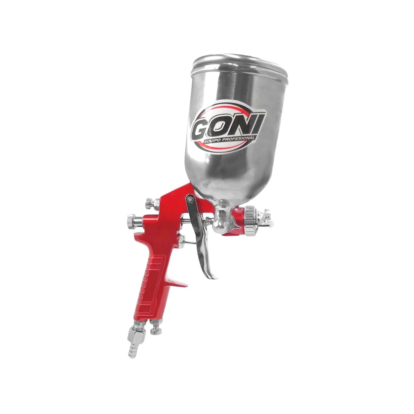 Pistola de pintar Goni de gravedad roja con vaso metálico para aplicación profesional de pintura y barniz.