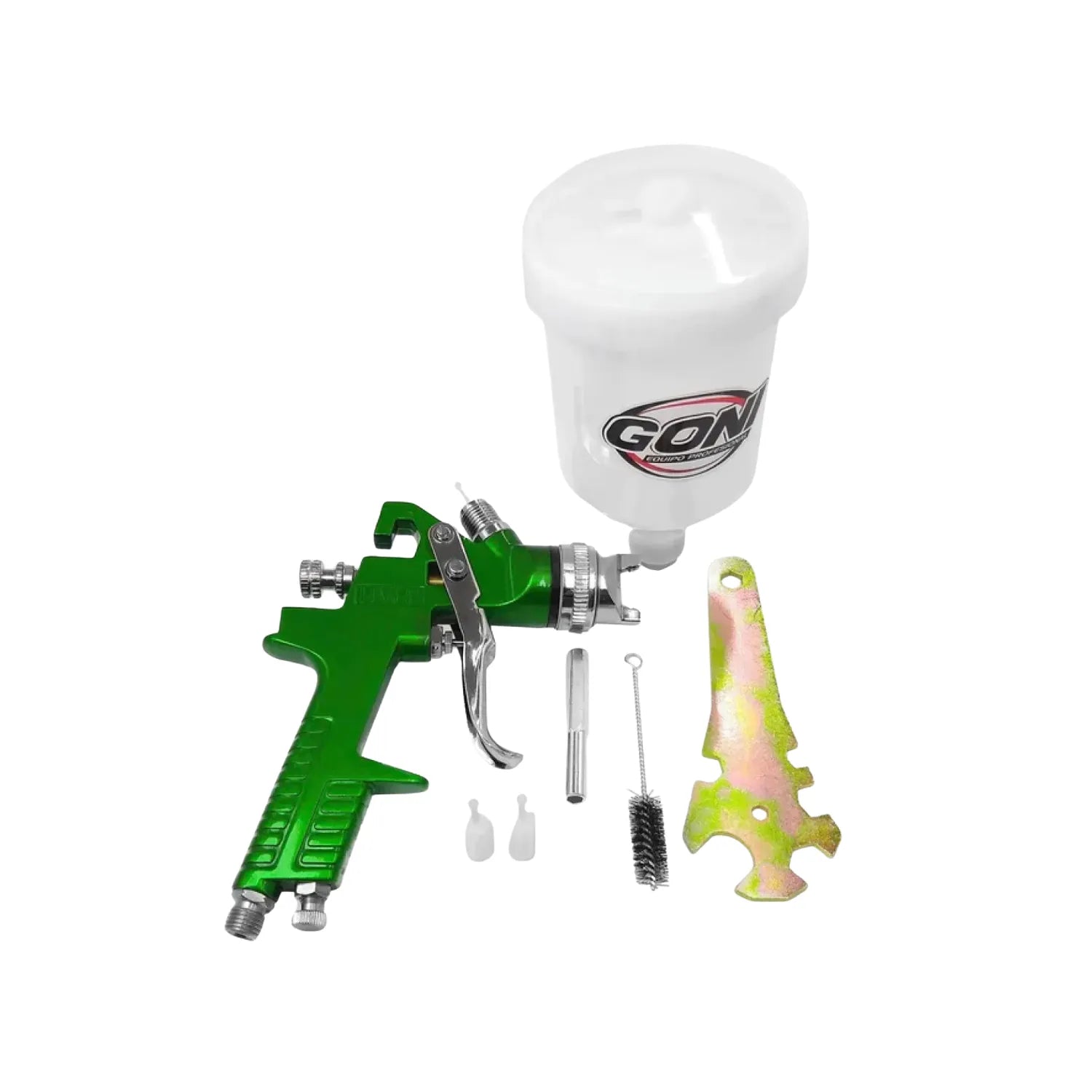 Pistola de gravedad HVLP marca GON color verde para pintar con vaso de plástico, boquilla, cepillo de limpieza y llave multiusos